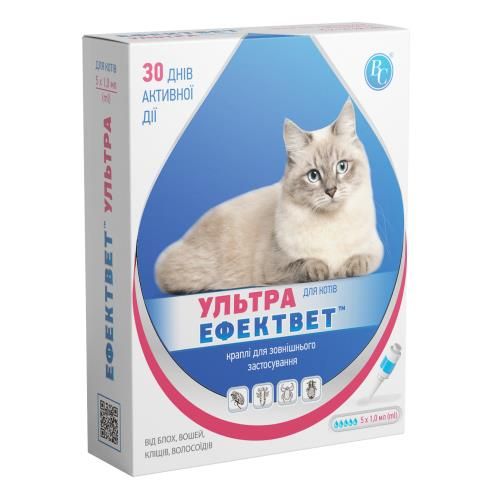 Эффектвет Ультра капли противопаразитарные для кошек, 1 мл, 5 пипеток Ветсинтез Украина