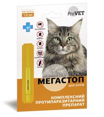 Капли ProVET Мега Стоп для кошек от 4 до 8 кг, против эндо и эктопаразитов, 1 мл, 1 пипетка Сузирря Украина