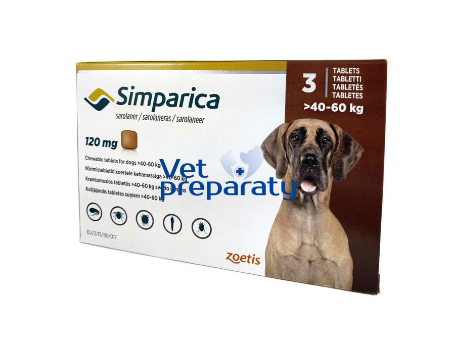 Фото Симпарика (Simparica) таблетки от блох и клещей для собак весом 40-60 кг, 3 таб х 120 мг Zoetis, США