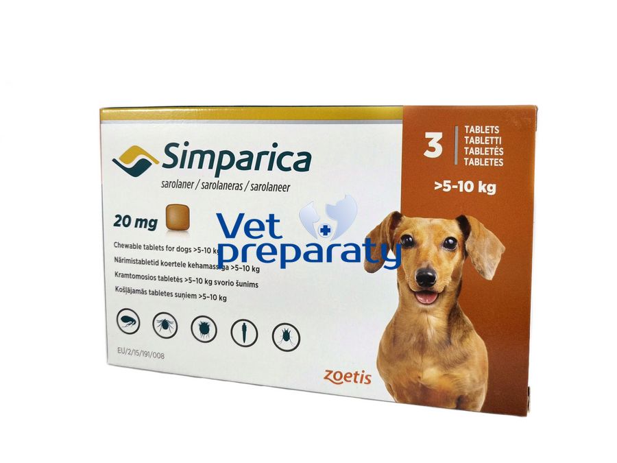 Фото Симпарика (Simparica) таблетки от блох и клещей для собак весом 5-10 кг, 3 таб х 20 мг Zoetis, США