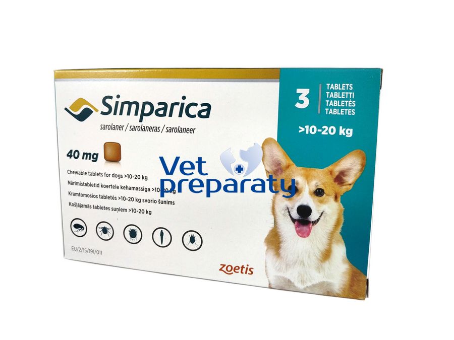 Фото Симпарика (Simparica) таблетки от блох и клещей для собак весом 10-20 кг, 3 таб х 40 мг Zoetis, США
