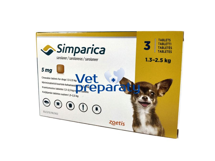 Фото Симпарика (Simparica) таблетки от блох и клещей для собак весом 1,3-2,5 кг, 3 таб х 5 мг Zoetis, США