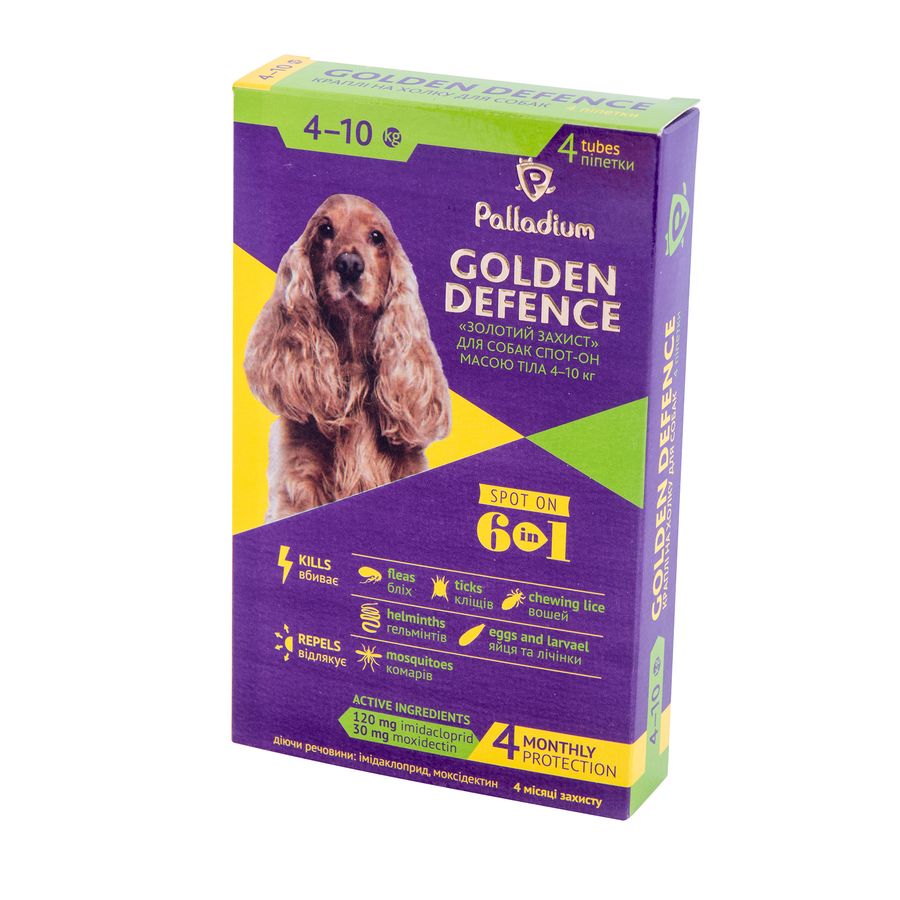 Капли на холку Palladium Golden Defence для собак весом 4 - 10 кг, 4 пипетки