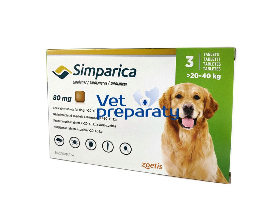 Фото Симпарика (Simparica) таблетки от блох и клещей для собак весом 20-40 кг, 3 таб х 80 мг Zoetis, США