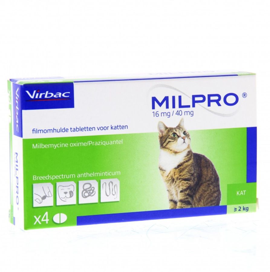 Милпро (Milpro) 16 мг/40 мг для котов от 2 кг до 8 кг, 4 таб Virbac Франция