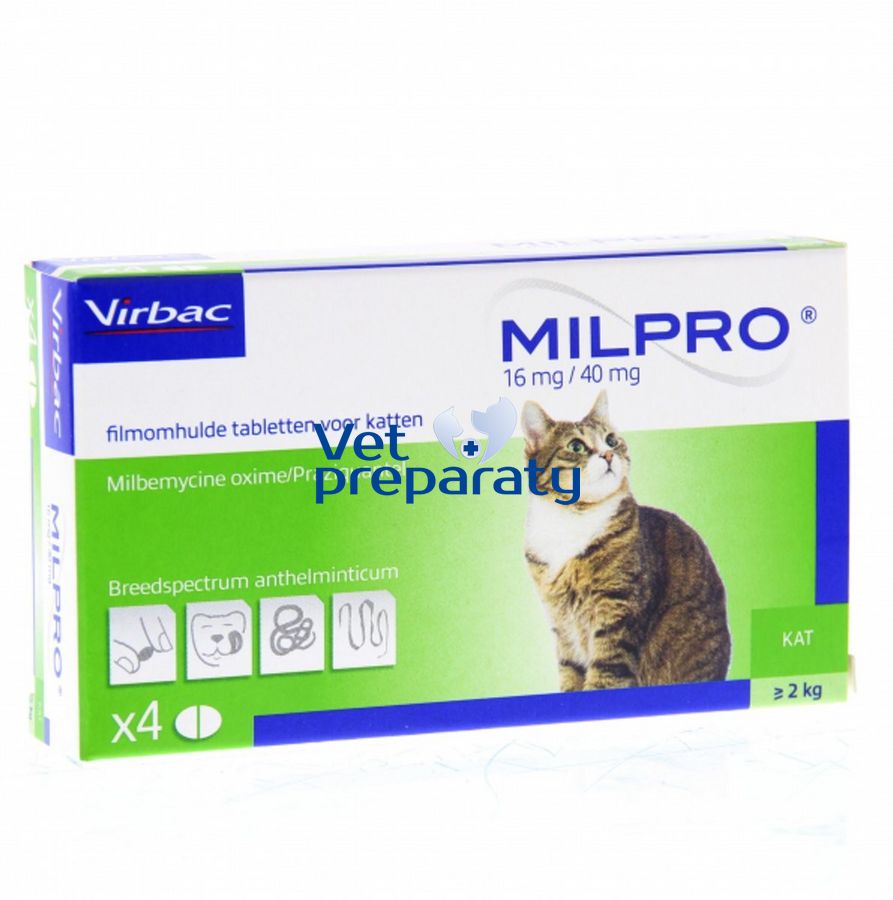 Фото Милпро (Milpro) 16 мг/40 мг для котов от 2 кг до 8 кг, 4 таб Virbac, Франция