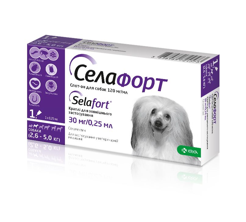 Селафорт спот-он, 30 мг/0,25 мл, для собак весом 2,6 - 5 кг, 1 пипетка KRKA Словения