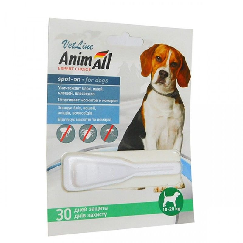 Капли спот-он АнимАлл ВетЛайн (AnimAll VetLine) для собак весом 10 - 20 кг, 1 шт х 4 мл Укрбионит Украина