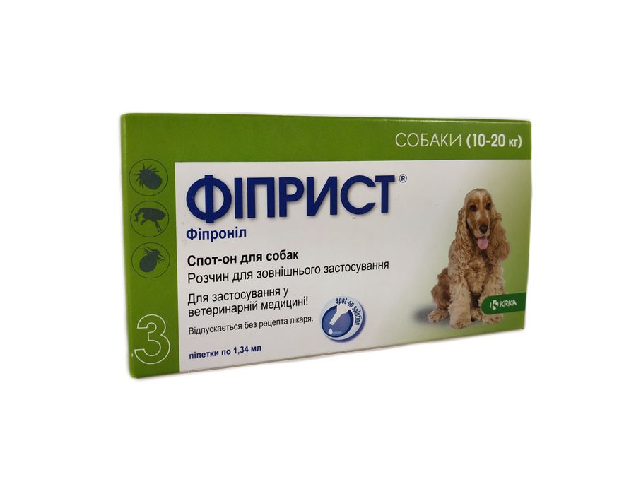 Фиприст (Fiprist) спот-он инсектоакарицидные капли для собак 10-20 кг, 134 мг/1,34 мл, 3 пипетки KRKA Словения