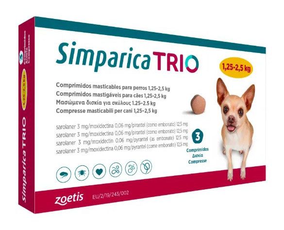 Симпарика Трио жевательные таблетки для собак, 1,3 - 2,5 кг, 3 шт Zoetis США