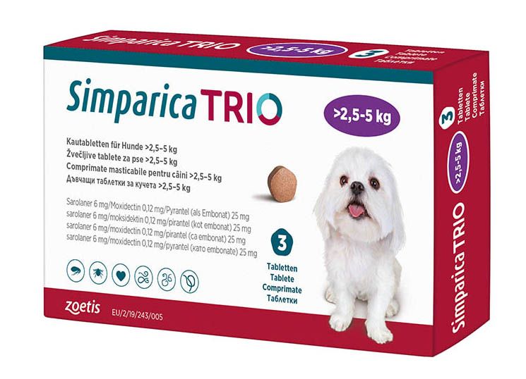 Сімпаріка Тріо жувальні таблетки для собак, 2,6 - 5 кг, 3 шт Zoetis США
