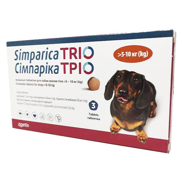Сімпаріка Тріо жувальні таблетки для собак, 5,1 - 10 кг, 3 шт Zoetis США