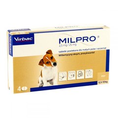Милпро (Milpro) 2,5 мг/25 мг для щенков и собак мелких пород от 0,5 кг до 5 кг, 4 таб Virbac, Франция