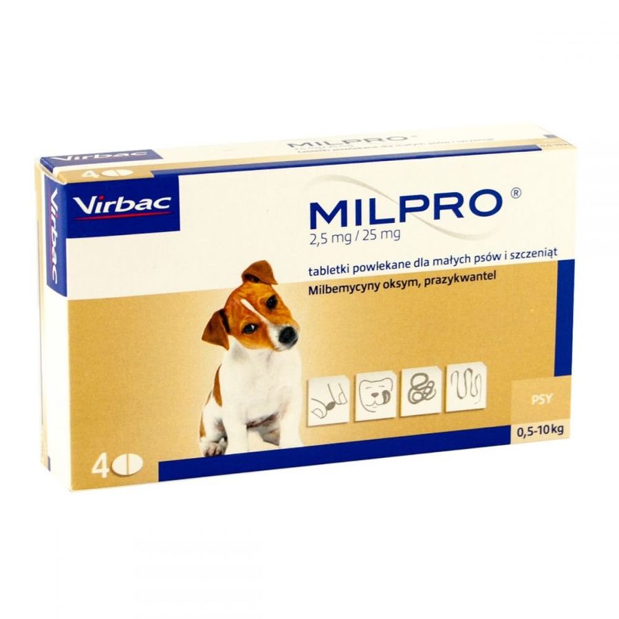 Милпро (Milpro) 2,5 мг/25 мг для щенков и собак мелких пород от 0,5 кг до 5 кг, 4 таб Virbac Франция