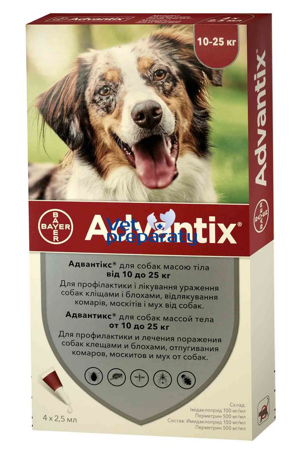 Адвантікс (Advantix) краплі від бліх та кліщів для собак вагою 10-25 кг, 2,5 мл, 4 піпетки