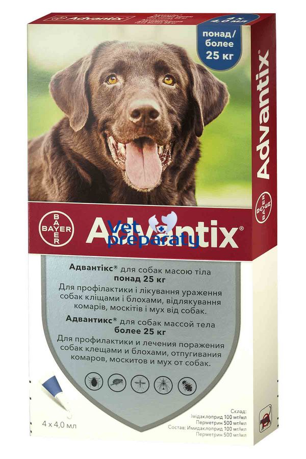 Адвантикс (Advantix) капли от блох и клещей для собак весом 25-40 кг, 4 пипетки Elanco США